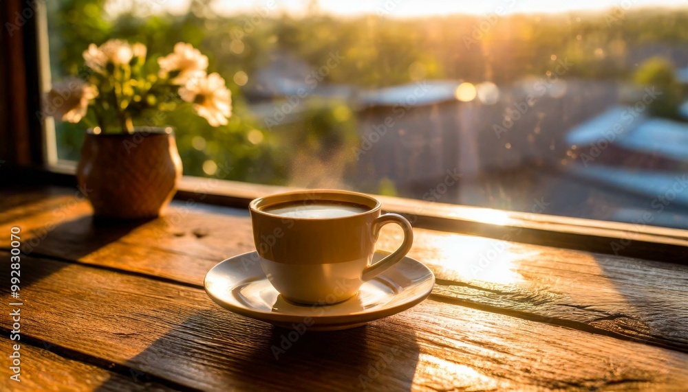 a cup of hot coffee on the wooden table surface, blurred modern window cafe background a cup of hot coffee on the wooden table surface, blurred modern window cafe background