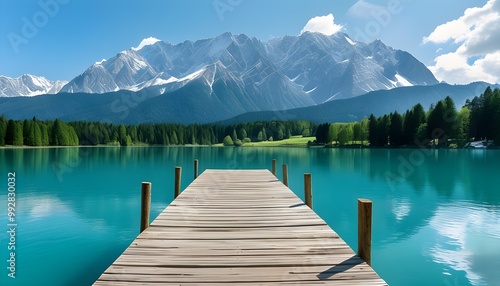 Tranquil Wooden Dock by Turquoise Lake with Majestic Mountains in the Distance