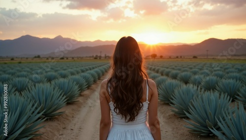Mexican Woman observing a plantation of blue agave Mexican tequila plant beautiful sunset, girl dressed in white