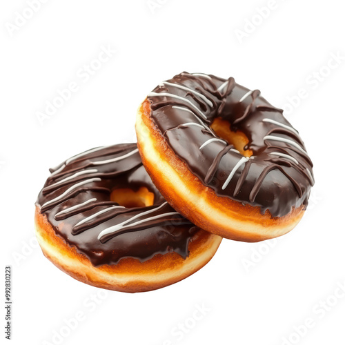 Delicious Chocolate Glazed Donuts with White Drizzle Topping on a Transparent Background photo