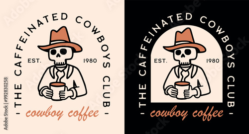 Cowboy coffee lover caffeinated cowboys club country life funny skeleton drinking quotes sayings. Retro vintage hipster dark western Wild West aesthetic printable sticker shirt design vector cut file.