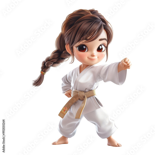 A cute cartoon girl in a white karate uniform with a brown belt, striking a pose with her right fist extended.