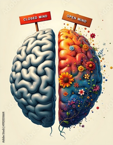 Human brain split in two halves with grey brain for closed mind and colorful brain for open mind on light background. Positive and Negative perspective and idea concept