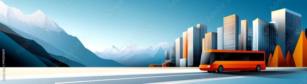 Stylized Cityscape with Orange Bus and Mountains Stylized Cityscape with Orange Bus and Mountains