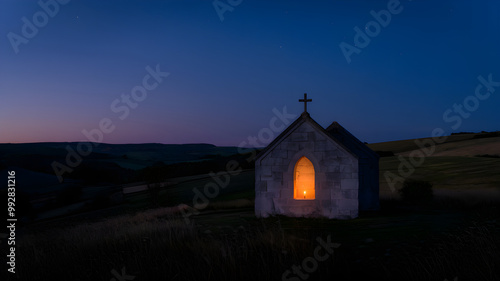 Stone Chapel in Countryside at Twilight with Candle Glow