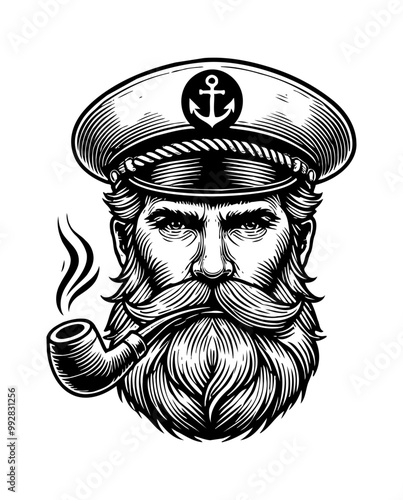 old sailor smoke with pipe engraving black and white outline