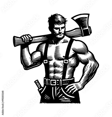 man lumberjack muscle engraving black and white outline