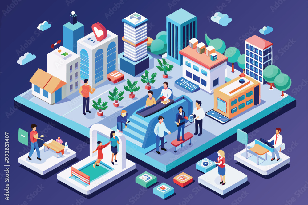 An isometric illustration highlights diverse public health activities and interactions in a community setting, Customizable isometric illustration for public health. An isometric illustration highlights diverse public health activities and interactions in a community setting, Customizable isometric illustration for public health.