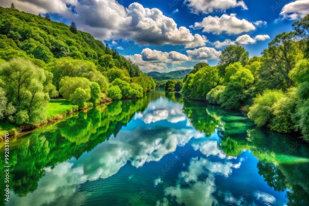 Fototapeta premium River winds peacefully through emerald hills, its glassy surface mirroring verdant foliage and wispy clouds.