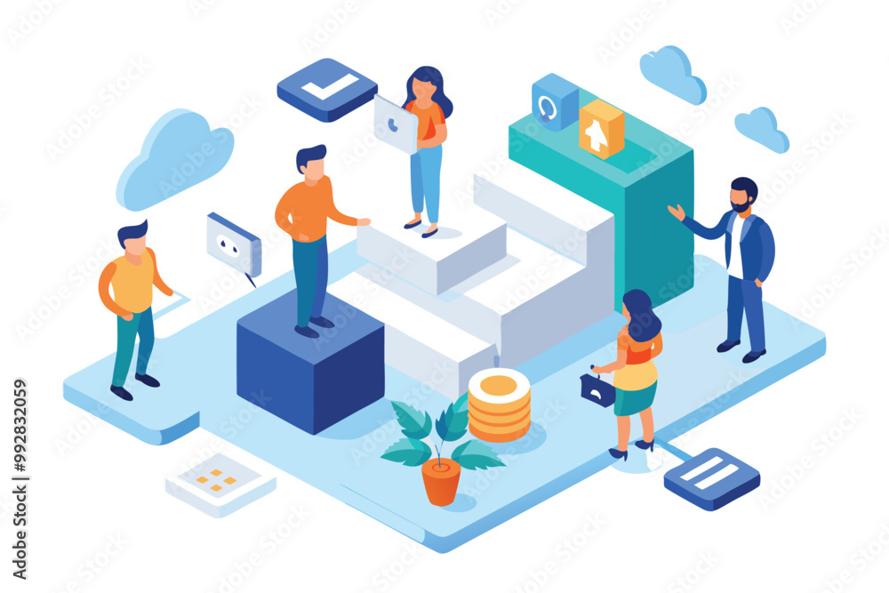 A vibrant workspace showcases diverse team members collaborating on digital tasks and sharing ideas, Customizable isometric illustration for referring a friend. A vibrant workspace showcases diverse team members collaborating on digital tasks and sharing ideas, Customizable isometric illustration for referring a friend.