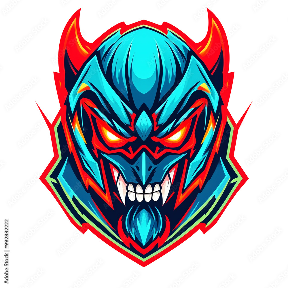A helmet with a devil on top and a star on the bottom. The helmet is red and blue A helmet with a devil on top and a star on the bottom. The helmet is red and blue