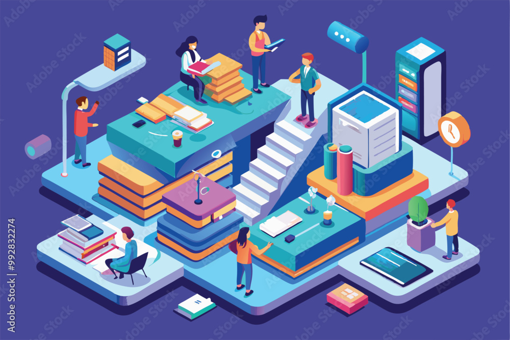 A diverse group of people engage in various research activities in a vibrant, isometric workspace design, Customizable isometric illustration for research paper. A diverse group of people engage in various research activities in a vibrant, isometric workspace design, Customizable isometric illustration for research paper.