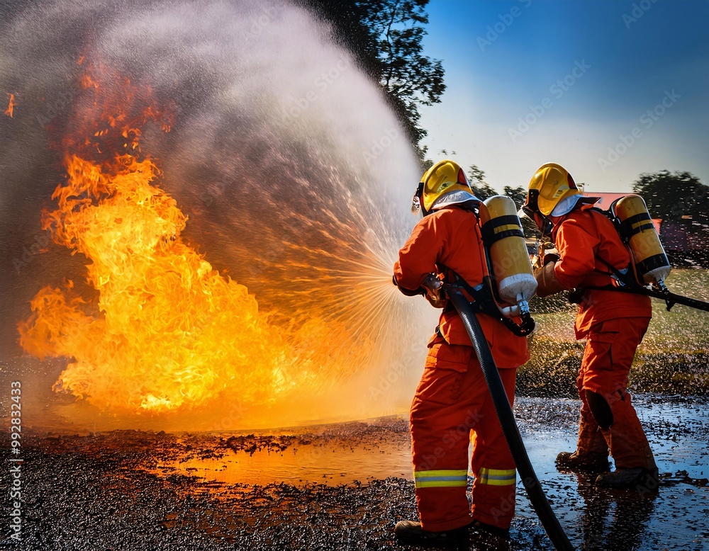 Obraz premium firefighters who are dealing with a raging fire,