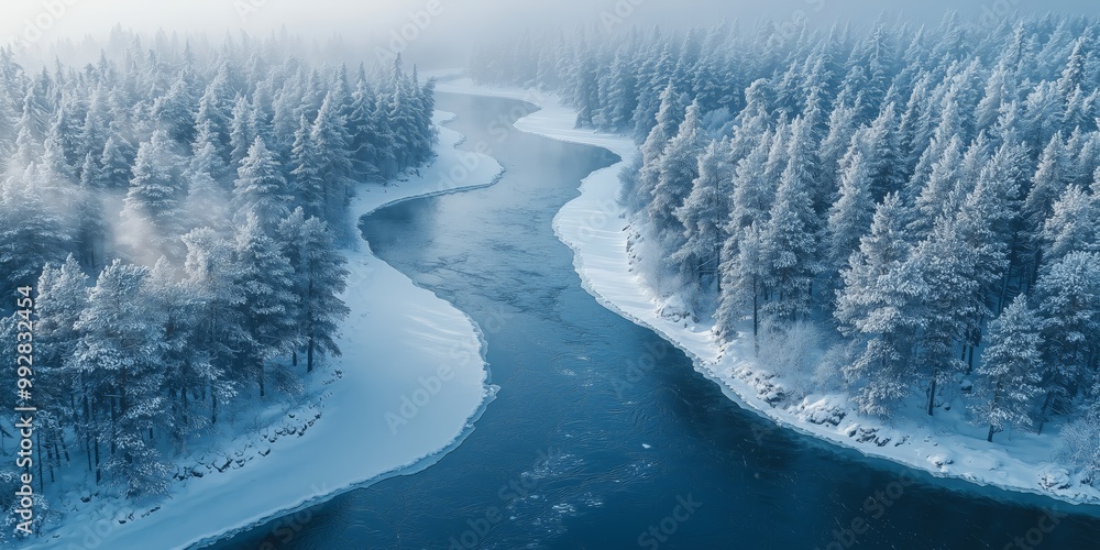 Aerial View of Frozen River in Winter Landscape Aerial View of Frozen River in Winter Landscape