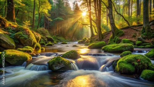 Serene watercurrents flow gently around moss-covered rocks as warm sunlight casts intricate patterns on the riverbed surrounded by tall trees' dense foliage.