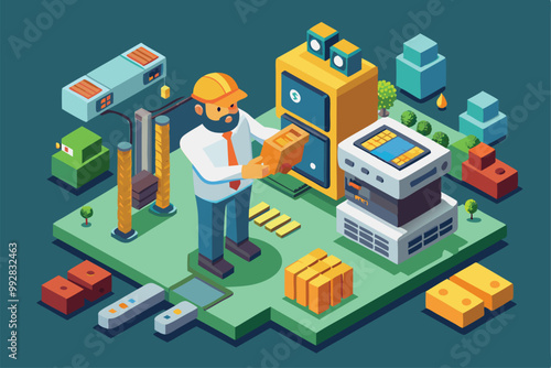 A restorer organizes items in a colorful, isometric workspace filled with machinery and storage, Customizable Isometric Illustration for Restorer