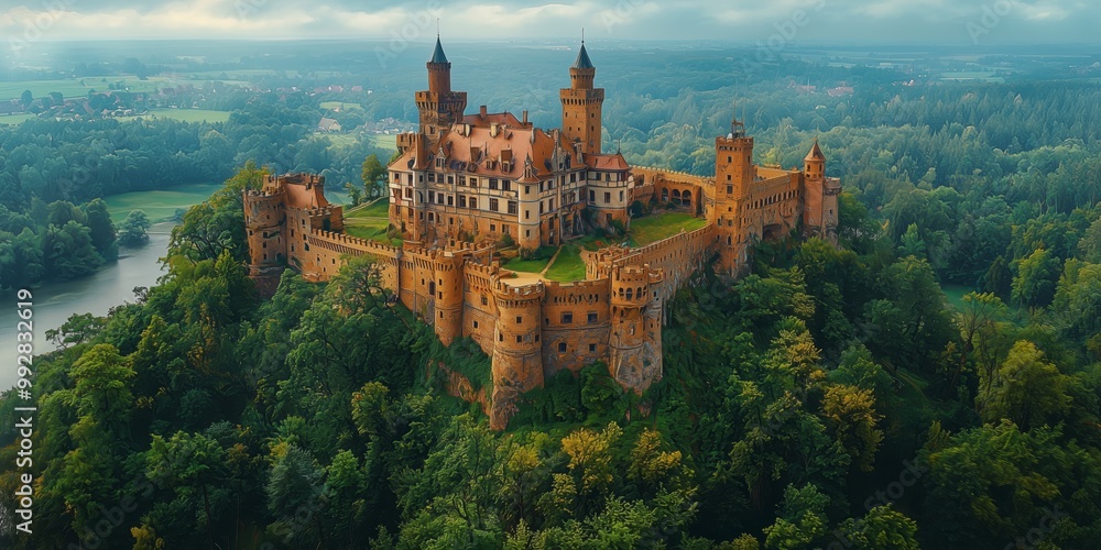 Fototapeta premium Aerial View of Medieval Castle on a Hill