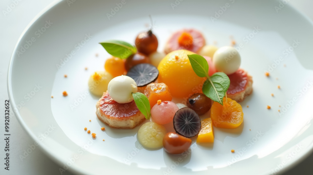 A vibrant array of fresh fruits including melon, berries, and citrus is beautifully arranged on a white plate, garnished with mint leaves and a scoop of sorbet A vibrant array of fresh fruits including melon, berries, and citrus is beautifully arranged on a white plate, garnished with mint leaves and a scoop of sorbet