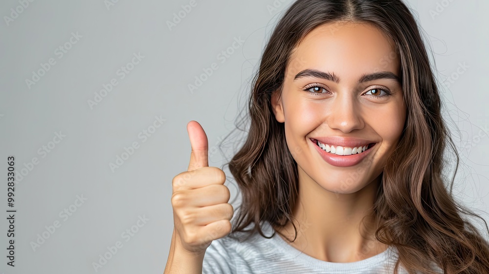 Smiling Woman Giving Thumbs Up, on a solid color background. Smiling Woman Giving Thumbs Up, on a solid color background.