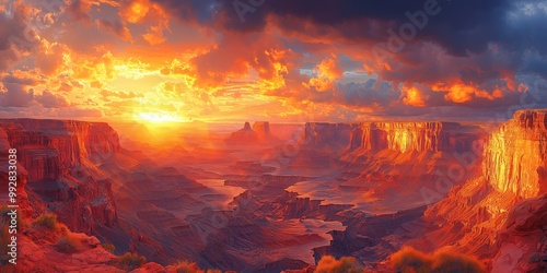 Sunrise Over Canyon with Golden Light and Wide View