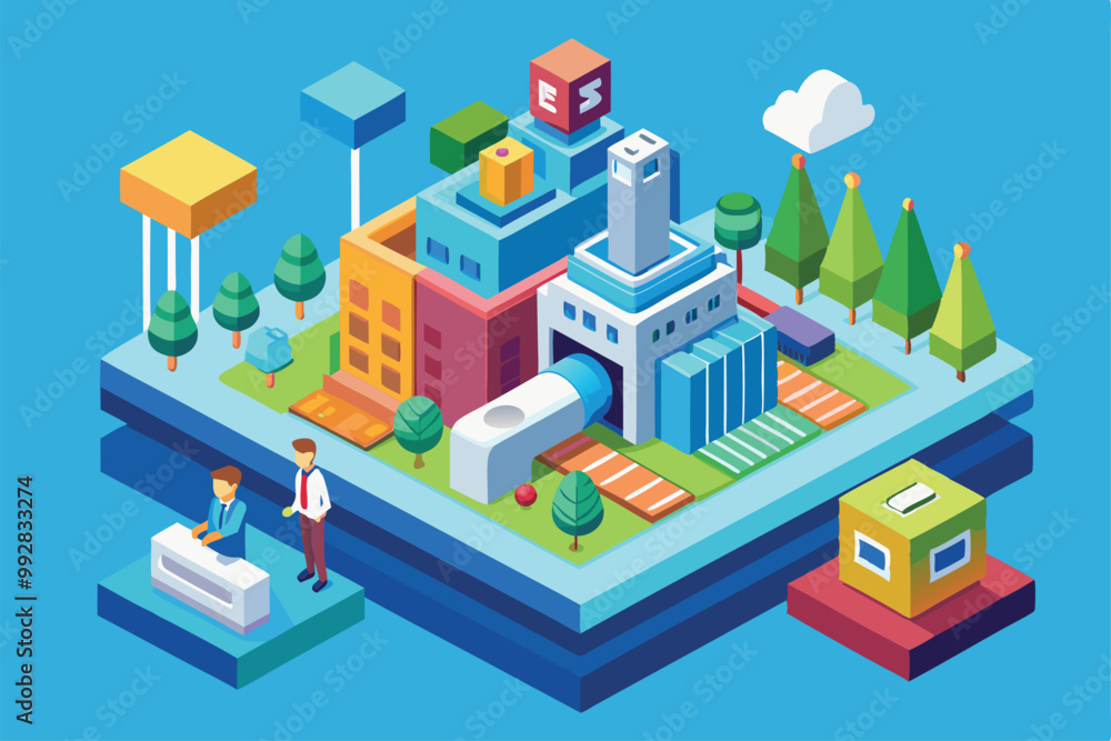 The illustration showcases a colorful urban environment featuring various buildings and trees in a playful layout, Customizable isometric illustration for segmentation. The illustration showcases a colorful urban environment featuring various buildings and trees in a playful layout, Customizable isometric illustration for segmentation.