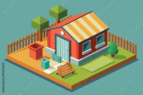 A vibrant isometric illustration showcases a garden shed surrounded by trees and a cozy seating area, Customizable isometric illustration for sheds.
