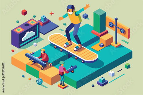 Skateboarders perform tricks in a vibrant urban park, showcasing dynamic skate culture and community spirit, Customizable Isometric Illustration for Skate Buddies