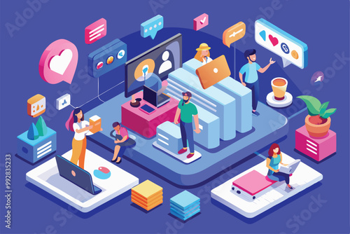 The illustration shows diverse individuals engaging in remote work, interacting with social media and technology, Customizable Isometric Illustration for Social Updates