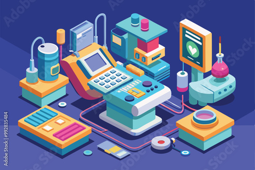 This design features an array of sonography devices and tools arranged neatly, highlighting their functions, Customizable isometric illustration for sonography.