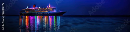 Stunning night scene of a cruise ship adorned with colorful lights, floating peacefully on the pristine Maldives ocean.