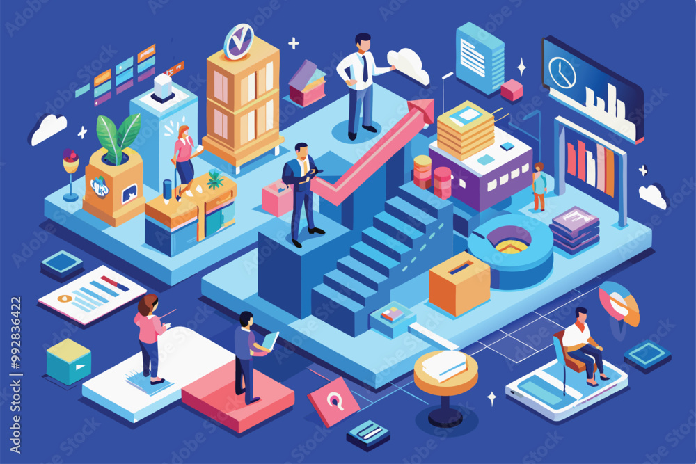 People collaborate in an isometric workspace showcasing graphs, tools, and diverse activities for strategic planning, Customizable isometric illustration for strategic consulting. People collaborate in an isometric workspace showcasing graphs, tools, and diverse activities for strategic planning, Customizable isometric illustration for strategic consulting.
