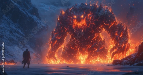 Warrior Facing Colossal Lava Monster in Dramatic Scene