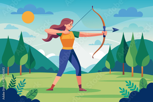 woman practicing archery in a field 