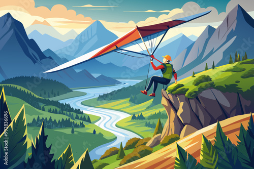 Man hang gliding over scenic landscape