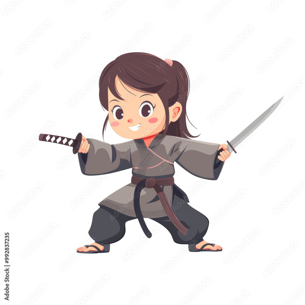 A young girl in a black karate gi with a black belt, smiling, holding a sword in each hand, ready to fight. A young girl in a black karate gi with a black belt, smiling, holding a sword in each hand, ready to fight.