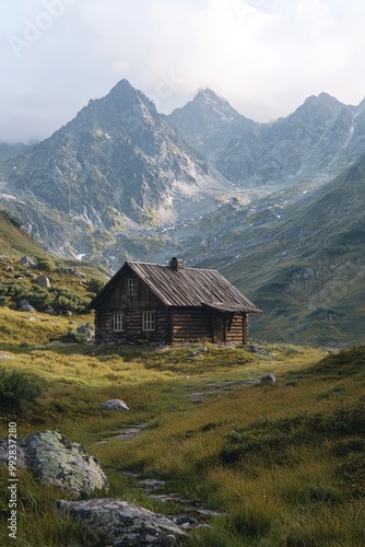 A Hiker Reaching A Mountain Hut, Preparing To Rest For The Night. The Hut Is Nestled Among The Peaks, Offering Shelter And Warmth