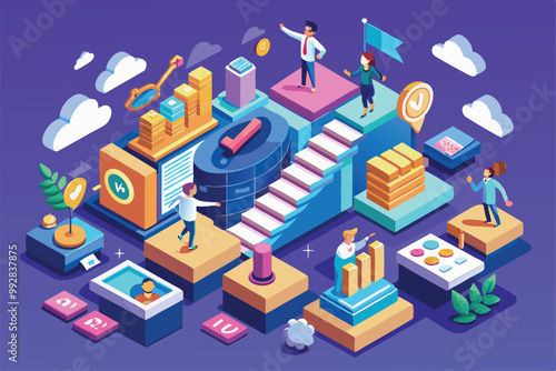 A vibrant workspace highlights success strategies with colorful designs and active participation, Customizable Isometric Illustration for Success Factors