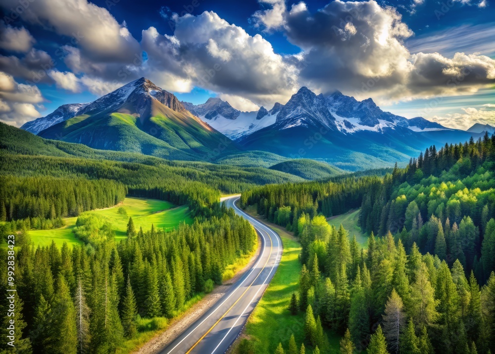 Rolling hills of emerald green forest stretch towards towering mountain range as winding highway disappears into the distance under crystal-clear blue skies with puffy white clouds. Rolling hills of emerald green forest stretch towards towering mountain range as winding highway disappears into the distance under crystal-clear blue skies with puffy white clouds.