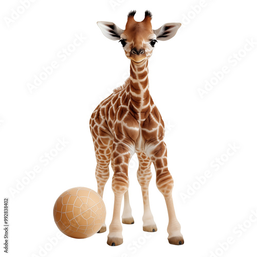 Baby Giraffe With A Beige Ball On A White Background For Playful Themes photo