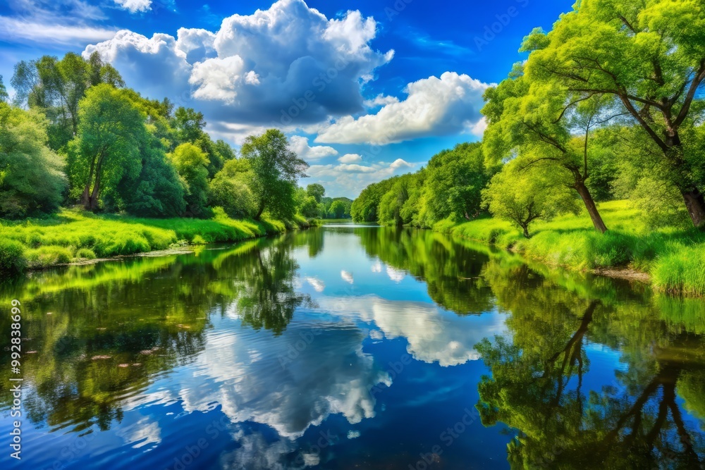 River's calm surface mirrors lush greenery and blue sky above in a serene and peaceful atmosphere. River's calm surface mirrors lush greenery and blue sky above in a serene and peaceful atmosphere.