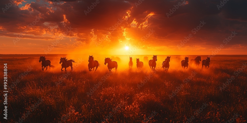 Wild Horses Galloping at Sunset in Open Field Wild Horses Galloping at Sunset in Open Field