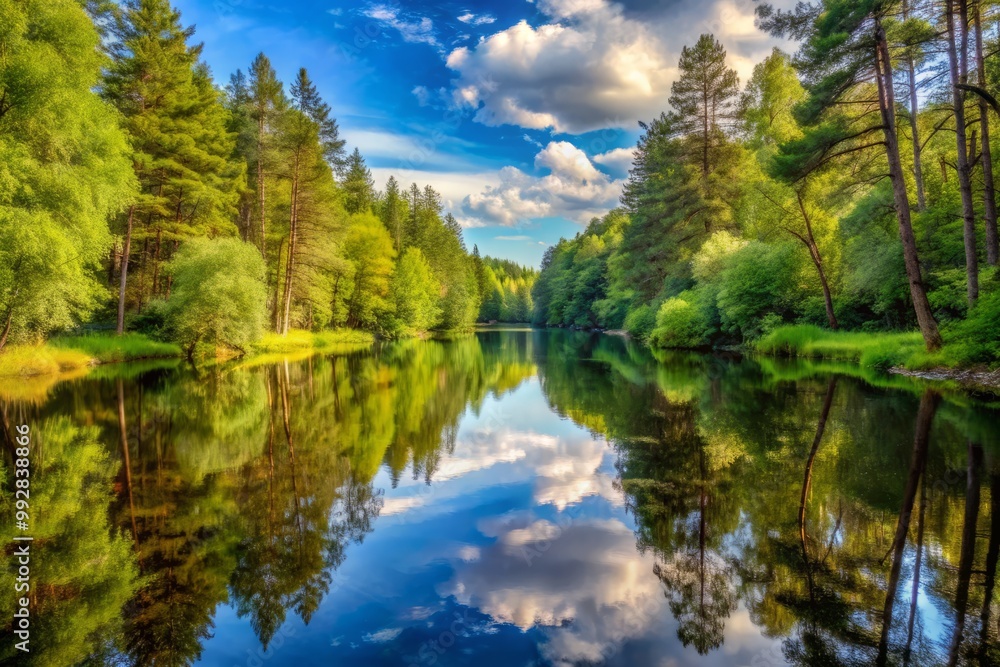 Silent River winds its way through a serene landscape of towering trees, their reflections mirrored on the calm water. Silent River winds its way through a serene landscape of towering trees, their reflections mirrored on the calm water.
