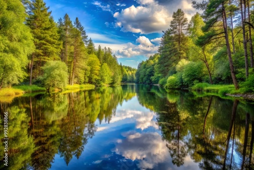 Silent River winds its way through a serene landscape of towering trees, their reflections mirrored on the calm water.