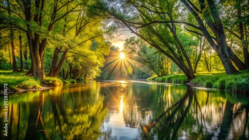 Silky smooth water reflects the grandeur of towering trees as morning sun's warm rays craft intricate patterns on the river's gentle flow, surrounded by vibrant green undergrowth.