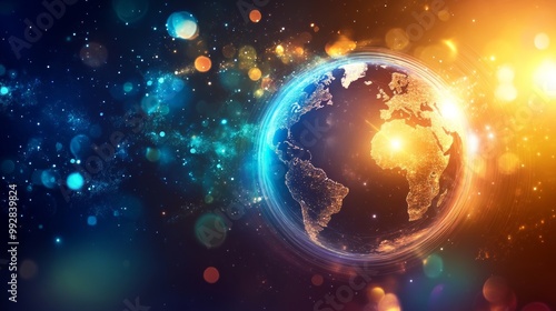 Interconnected circles and globe with lens flares on an abstract background, representing digital holographic technology, globalization, interconnectedness, and advanced communication.