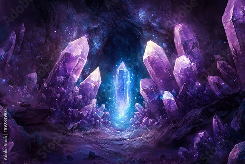 Arcane Amethyst Portal: A captivating background depicting a mystical portal framed by dazzling amethyst crystals, glowing with vibrant energy.