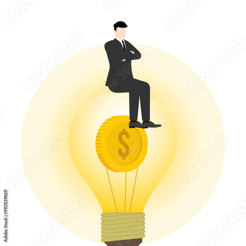 A successful leader visionary businessman sitting confident on libhtbulb dollar coin. Concepts of money, investment, wealth, financial growth, and strategic business decisions in competitive economy