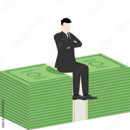 A successful leader visionary businessman sitting confidently on a stack of banknotes. Concepts of money, investment, wealth, financial growth, and strategic business decisions in competitive economy