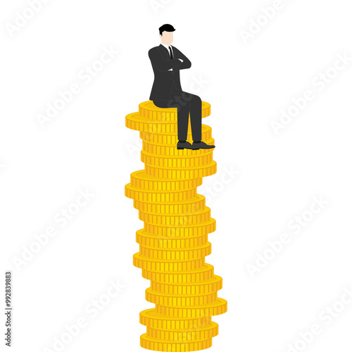 A successful leader visionary businessman sitting confidently on a stack of coins. Concepts of money, investment, wealth, financial growth, and strategic business decisions in competitive economy