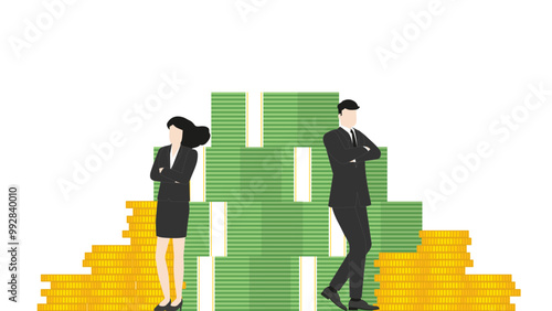 Businessman and businesswoman stand confidently at a stack of banknotes and coins. Concepts of Sales goal, wealth creation, financial leadership, and power of teamwork in achieving economic success